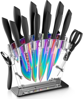 Messerblock 16 TLG Messer Set Regenbogen Titanbeschichtung Acrylhalter Edelstahl