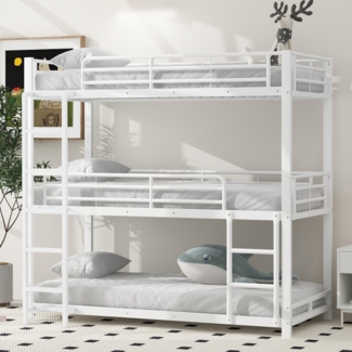 Merax 90x200cm Bettgestell Metallbett,Etagenbett,Eisenbett, Dreifach-Etagenbett für Kinder, Jugendliche und Erwachsene, Weiß