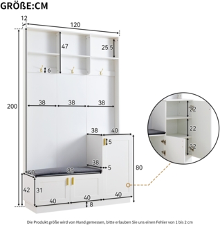 Merax Garderoben-Set H200/B120/T40 cm, mit Bank und Schuhablage, multifunktionale Aufbewahrungsbank mit 3 hängenden Haken & offenem Stauraum, rechteckige Aufbewahrung & Regale, Weiß