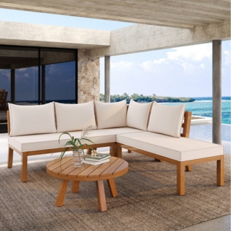 Flieks Gartenlounge-Set, 5-Sitzer Balkonset Gartenmöbel Akazienholz Ecksofa mit Couchtisch