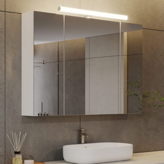 MSMASK Badezimmerspiegelschrank Mit Licht und Spiegel, dreitüriger Spiegelschrank, Hängeschrank mit Steckdosen und Lichtschalter, 90 x 16 x 60 cm (B x T x H)