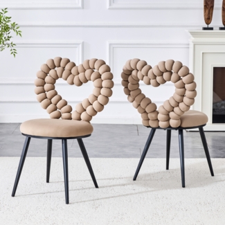 Esszimmerstuhl 2er-Set mit herzförmigem Kugelketten-Ausschnitt, samtgepolstert, ergonomisch, modernes Metallgestell,Kamel