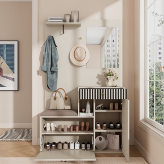 KLAM HOME Garderoben-Set Garderobenset mit Spiegel und Polsterkissen 110x185x37 cm, (Multifunktionale Flurgarderobe mit Wohnwand und Regal), Kompaktgarderobe mit Schuhschrank und Dielenpaneelen