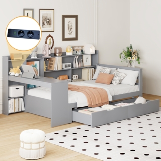 Schlafsofa aus Massivholz, Mit Schreibtisch Bücherregal Ablagefächern und Regalen, Mit Steckdose, Mit 2 großen Ablagefächern, Multifunktionales Holzbett, Massivholz, Grau, 90 x 200 cm