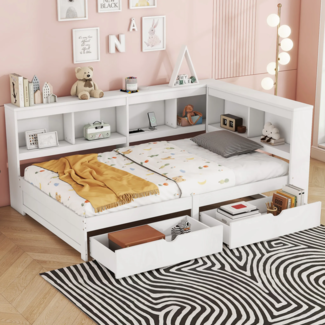 Holzbett mit Schubladen, Lattenrost und Regal, 90x200 cm, Einzelbett mit USB Anschlüssen und Steckdosen, Stauraumbett, Jugendbett