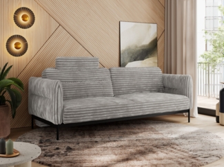 Sofa mit Schlaffunktion, schwarze MetallStoff, mobile Kopfstütze, Schlafsofa mit losen Kissen - SALENTO - Hellgrau Cord