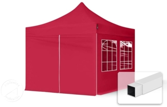 3x3 m Faltpavillon, ECONOMY Stahl 30mm, Seitenteile mit Sprossenfenstern, rot