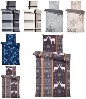 One Home Bettwäsche Winter, Biber, 2 teilig, Rentiere Schneeflocken, kuschelig flauschig warme weiche Baumwolle