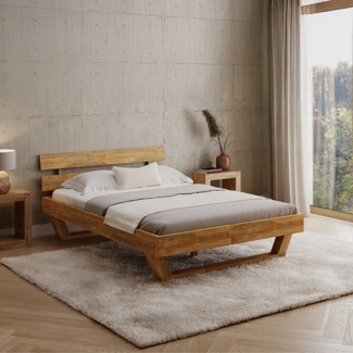skølm 'Nornir' Bett 140x200 cm, Bettgestell, natur geölt, Massivholzbett aus Eiche mit Holzkufen, Doppelbett mit Streben Bettkopf