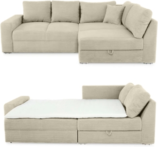 ECKSOFA-DAUERSCHLÄFER Boxspring Federkern Topper Bettkasten, seitenverkehrt montierbar B260/T181/H88 cm in Cord Beige Grau