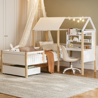 LVHOM Hausbett 90x200cm, Kinderbett, Rausfallschutz & Lattenrost, L-förmig, Schreibtisch, Bücherregal, 1 Schubladen mit Rollen, Naturholz, Multifunktionales Hausbett aus Massivholz in Weiß