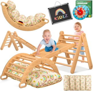 KIDIZ® Klettergerüst Montessori 7in1 Spiel-Set mit Kletterbogen Rutsche Kletterdreieck aus Holz inklusive Kissen, Tafel & Lern-Uhr | Indoor Spielplatz für Kleinkinder ab 1 Jahr & Kinder bis 3 Jahre Hellbraun / Hellbraun