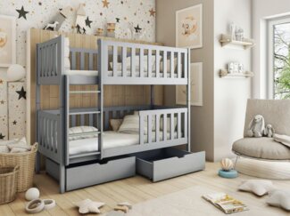 Deine Möbel 24 Etagenbett MANUEL Hochbett, Kinderbett für 2 Kinder 90x200 GRAU aus Massivholz (Set, 2-St, Kinderbett aus Vollholz inkl. Lattenrost und 2 Schubladen), mit Rausfallschutz in 2 Einzelbetten umbaubar wahlweise mit Matratzen