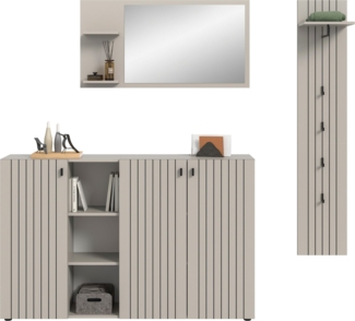 INOSIGN Garderoben-Set TATIO, 3-tlg. Garderobenkombination, Breite: 201 cm, Rillenfräsung, (Set, 3-St, Set, best. aus: 1 Spiegel, 1 Garderobenpaneel, 1 Schuhkommode), Garderobenkombination, Kombi, Flur-Möbel, Spiegel, Kommode