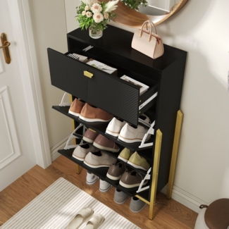 HAUSS SPOLE Schuhschrank mit Schubladen, Doppelschuhregal mit goldenen Griffen, Beinen, schwarz (Schuhregal, Sideboard, Schuhkipper, 1-St, 1 Schublade, 2 Türen) mit Schubladen, Doppelschuhregal, goldenen Griffen und Beinen