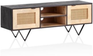 Lowboard Mango Massivholz / Rattan 120 x 44 x 35 cm TV-Kommode mit zwei Türen, Design TV-Schrank mit Kabeldurchlass, Fernsehtisch Fernsehschrank Modern, Fernsehkommode Wohnzimmer