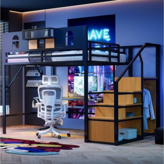 Merax Hochbett 140x200cm (1-St, Jugendbett Einzelbett Eisenbett) Metallbett mit Stauraumleiter Ablagefläche Stauraumfach & Netzgewebe