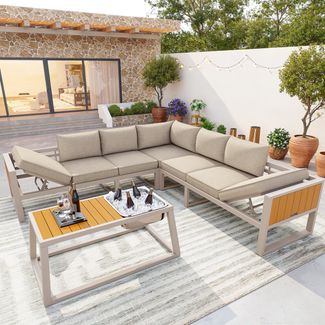 Merax Garten-Lounge-Set für 7 Personen, Modulares Outdoor-Sofa-Set mit verstellbarer Rückenlehne, ausklappbaren Armlehnen und Metall-Eisbehälter, Beige