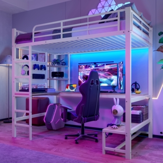 Merax Hochbett, Kinderbett, Etagenbett 90x200cm, mit Schreibtisch, Trittleiter, mit usb+type-c Steckdose, mit LED Leiste, ohne Matratze, Weiß