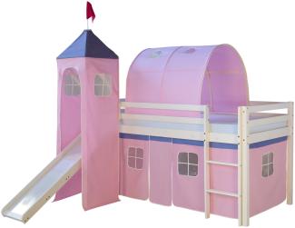 Homestyle4u Spielbett mit Tunnel, Turm und Rutsche, Rosa, Kiefernholz rosa / weiß, 90x200 cm