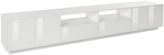 Dmora TV-Schrank Albak, niedriges Wohnzimmer-Sideboard, Fernsehständer-Basis, 100 % Made in Italy, 260 x 41 x 46 cm, glänzendes Weiß,