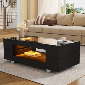 LED Couchtisch 100 x 50 x 35 cm Schwarz Hochglanz mit Glasplatte mit App-Steuerung, rechteckiger Sofatisch mit LED-Farbwechsel
