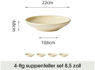JIWOO Suppenteller 4er Ø22cm, Speiseteller Pastateller Salatteller Dessertteller Plate, (4 St), Keramik Tellerset Weiß mikrowellen- und spülmaschinenfest Ø21,2 cm