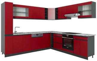 Vicco Winkelküche R-Line, Rot/Anthrazit, 257x277 cm J-Shape, AP Marmor