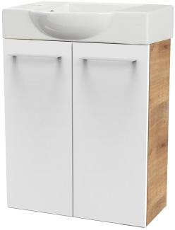 Fackelmann SBC MILANO Gäste WC Set 2-teilig 55 cm, Braun hell/Weiß, 2 Türen, Keramik Hahnloch links