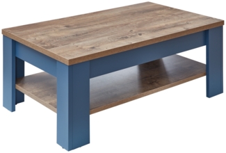 Stella Trading Dijon Couchtisch in Parisian Blue, Haveleiche Cognac Optik - Moderner Sofatisch für Ihren Wohnbereich - 110 x 42 x 65 cm (B/H/T)