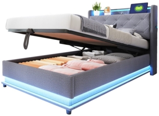 REDOM Polsterbett LED Doppelbett mit USB-Ladeanschluss und Hydraulischer Lagerung (mit Farbwechsel-Lichtern, USB-Steckdose & Hydraulischem Stauraum – Aufklappbares Kopfteil, Handytasche, Ideal für Kinderzimmer 90x200 cm), ohne Matratze