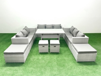 Fimous Rattan Gartenmöbel Essgarnitur 13 Sitzer Sofa Esstisch Set mit 4 Hockern Hellgrau gemischt