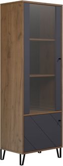 'Montez' Vitrine, Graphite grau und Eiche Kraft Gold, 63 x 172 x 40 cm