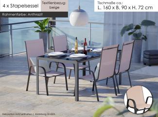 Gartenmöbel Set Metall Tisch 4 Stapelsessel Essgruppe Gartenset Sitzgruppe Stuhl beige