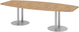 bümö Konferenztisch oval 280x130 cm großer Besprechungstisch in Asteiche, Besprechungstisch mit Säule in silber, Meetingtisch für 10 Personen, XXL-Tisch für Besprechungsraum & Meeting, KT28S-R-S
