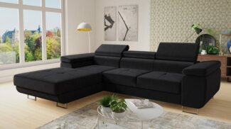 Ecksofa Divo mit Schlaffunktion, Bettkasten und einstellbare Kopfstützen (Schwarz (Kronos 07), Ecksofa Links)