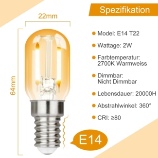 ZMH 2er-Pack E14 T22 LED-Vintage-Glühbirnen, 2 W, Retro, 2700 K, Warmweiß, Energiesparlampe, E14-Fassung, nicht dimmbar