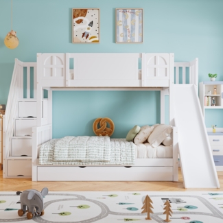 Merax 90x200cm Etagenbett, Kinderbett Mit Fenster, Mit Kinderrutsche, Schubladen mit Rollen, Treppen mit Handlauf, Mit 4 Schließfächer in der Treppe, Weiß