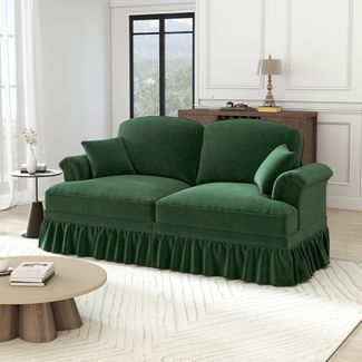 Flieks 2-Sitzer Sofa, Modular Sofa mit 2 Kissen, abnehmbarer Volant, Flared-Armlehnen & Holzbeinen, Chenille, Grün
