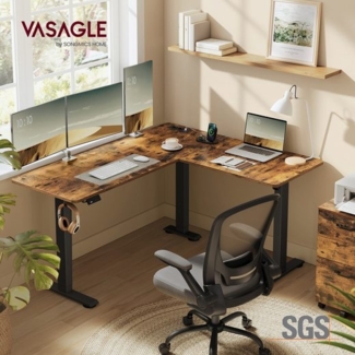 VASAGLE Höhenverstellbarer Schreibtisch elektrisch, L-förmiger Eckschreibtisch, 140 x 160 cm, mit Ladestation, Memory-Funktion mit 2 Höhen, für Homeoffice, vintagebraun-tintenschwarz