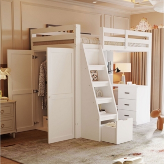 Merax Hochbett (1-St, Jugendbett Einzelbett) Massivholzbett Kinderbett 90x200cm mit Kleiderschrank Treppe Stauraum