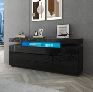 BESTWANTED Sideboard Moderner Aufbewahrungsschrank Hochglanz mit 2 Türen und 3 Schubladen (1 St), aus robustem MDF/Spanplatten, Fernbedienung, 160 x 35 x 72 cm, schwarz