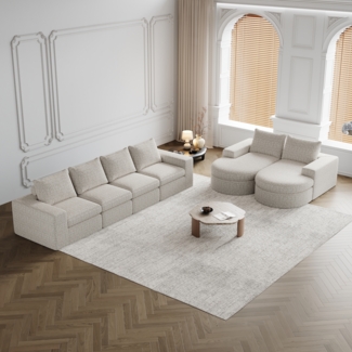 Sofa, Chenille-Sofa mit gebogenen Elementen und Liegestuhl, vollständig komprimiert, modulares Kombinationssofa L-Liegestuhl, Schaumstoff-Kompressionssofa, zweiteiliges Set, Chenille, Beige