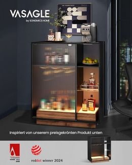 VASAGLE Barschrank mit LED-Beleuchtung, Weinglashalter und geriffelter Glastür, Sideboard für Wohnzimmer, schwarz