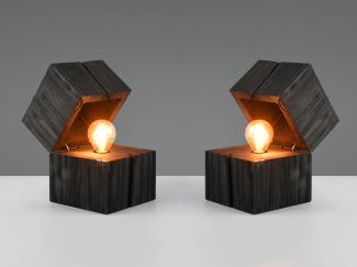 2-er SET aufklappbare LED Tischleuchten aus Holz Schwarz, Höhe 16cm