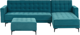 4-Sitzer Ecksofa Samtstoff seeblau schwarz linksseitig mit Schlaffunktion Ottomane ABERDEEN