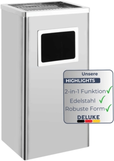 DELUKE® Standaschenbecher für Draußen 45L - Edelstahl 30x24x61cm | Mülleimer mit Aschenbecher Abfalleimer mit Inneneimer Standascher Outdoor, Silber