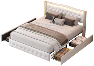 FUROKOY Polsterbett mit Stauraum, LED-Beleuchtung, USB Ladefunktion und 4 Schubladen (Packung, 1-tlg, 160x200 cm), Doppelbett Rückenlehne Bettgestell mit Lattenrost, Beige