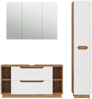 Badmöbel-Set Lotta Eiche/Weiß mit Kachelstruktur 3 Teile Vicco