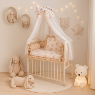 Babybett 3in1 Musselin Beige – Beistellbett & Stubenwagen Teddybär